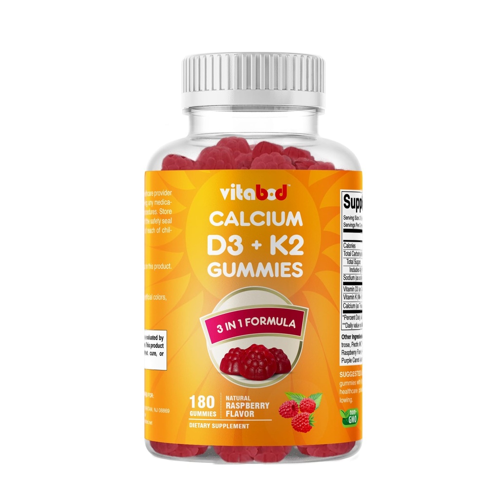 비타민 D3 + K2 Gummies - 뼈 및 심장 건강 지원 - 180 Pectin 기반 간장 구미