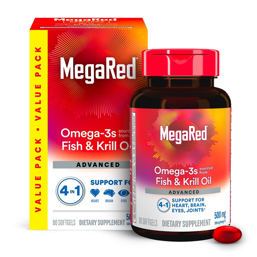 Megared Omega-3 물고기 기름 + 높은 흡수 Krill 기름 500mg Softgels, MegaRed 진보된 4in1 (병에 있는 80 조사) 집중된 Omega-3 물고기 & Krill 기름 보충교재