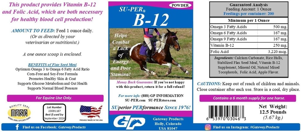 SU-PER B-12 에너지 말 보충교재 - Equine 비타민 B-12 & B-9 Folic 산성 지원 분말 - 12.5 파운드, 6 달 공급