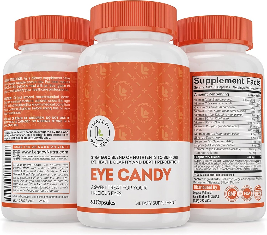 레거시 웰니스 아이 캔디 아이 비타민 Lutein, Zeaxanthin, 칼슘, Biotin, 구리, 아연 알약 + 노화 성인에 있는 시각 건강 지원 + Too Much 스크린 시간에서 눈 스트레인, 건조한 눈 보충교재