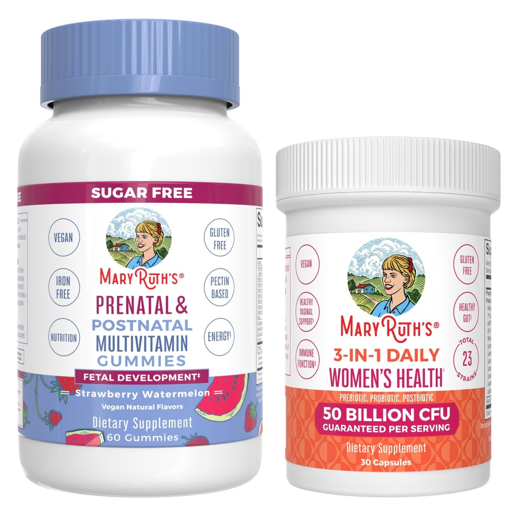 MaryRuth Organics Prenatal Postnatal Multivitamin Gummies (Strawberry) & Women's 3-in-1 Daily Probiotic Capsules | Clean Label Project Verified® | 모유 수유 및 과트 건강 | Vegan, Non-GMO