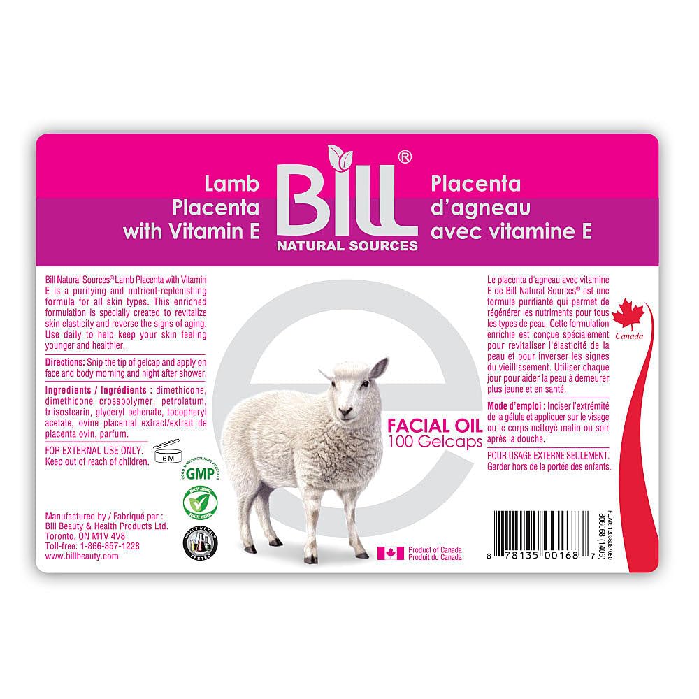 Bill Natural Sources Lamb Placenta with Vitamin E, 100 Gelcaps - 피부 세포를 젊어지게하고 피부 세포 탄력을 활성화하십시오.