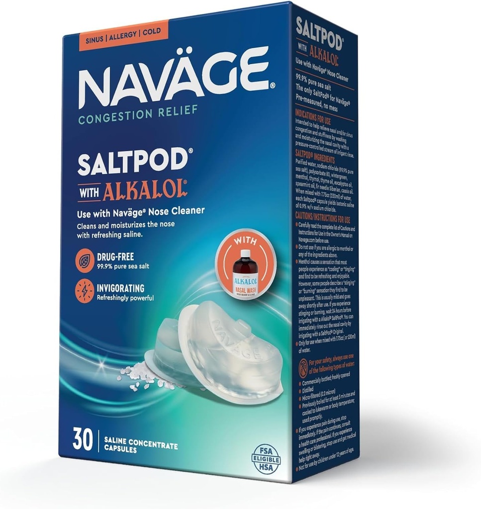 Navage SaltPod w/Alkalol 30 Pack (30 SaltPods) 소금 포드 보충 전용 - 독점적으로 디자인 된 Nasal 관개 시스템 - Sinus Rinse 및 Alkalol Pods for Fast & Soothing Relief