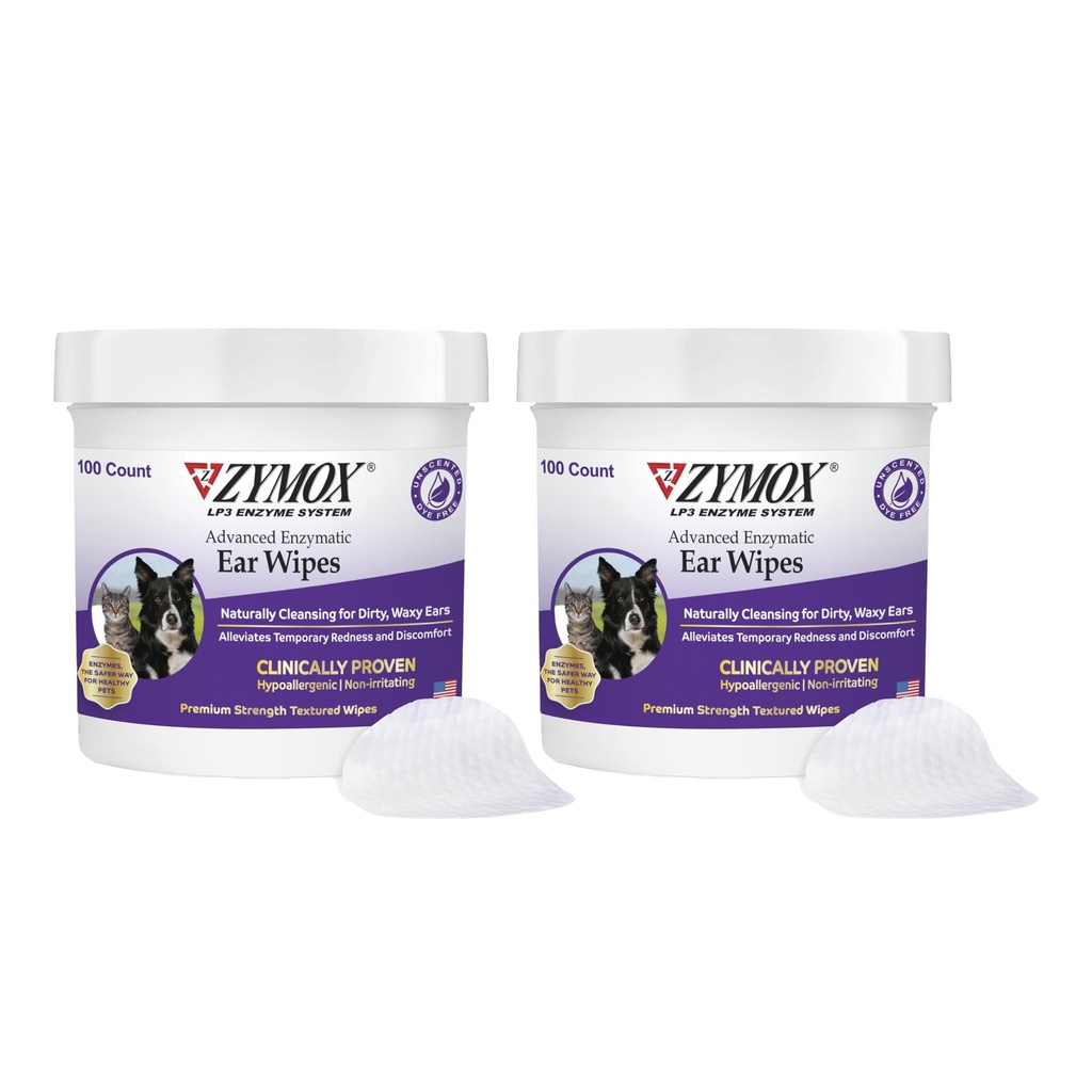 Zymox Advanced Enzymatic Ear Wipes for Dogs and Cats - Dirty, Waxy, Smelly Ear - Premium Strength Ear Cleaner Wipes - Non-Irritating - Hypoallergenic (100 카운트 팩 2)
