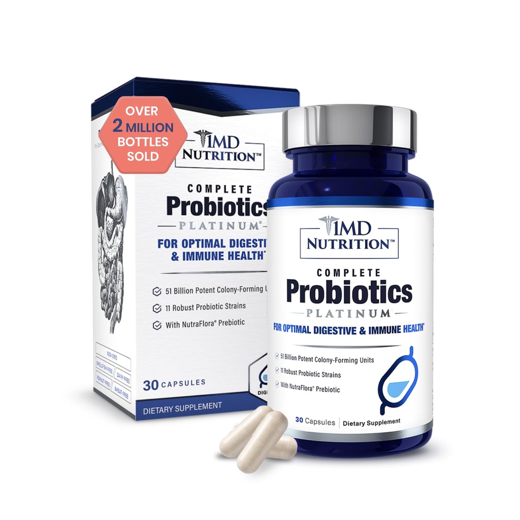 1MD 영양 완전한 Probiotics 플래티넘 - Digestive 건강을 위한 w/Prebiotics 그리고 Probiotics - 여성 & 남자를 위한 Probiotic 보충교재 - 50억 이상 살아있는 CFU 11 Strains Dairy-Free - 30의 모자