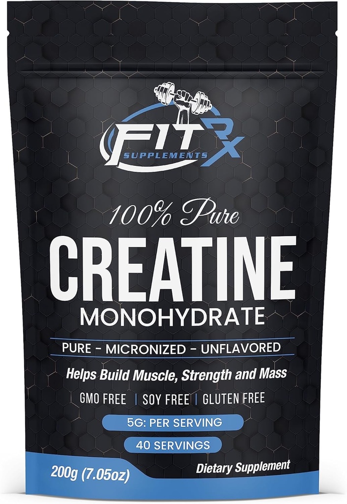 FITRxSupplements.com Pure Creatine Monohydrate Powder - Zero 추가 성분 - Calories 없음, 서빙 당 5g, Unflavored 40 서빙, 200g, 빠른 용해