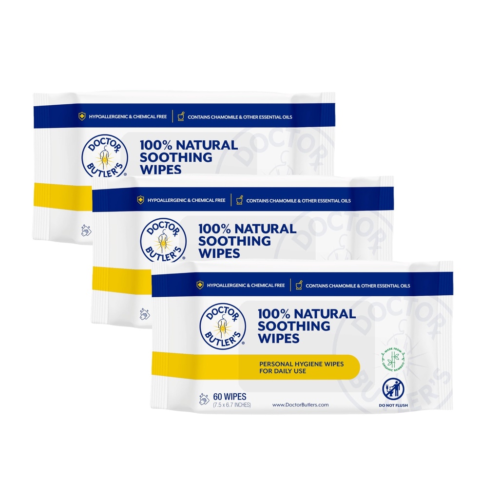 의사 Butler의 Soothing Wipes - 과민한 피부를 위한 다목적 젖은 닦음, 얼굴 닦음 및 Chamomile와 정유를 가진 아기 닦음* (3 팩 – 60 조사)