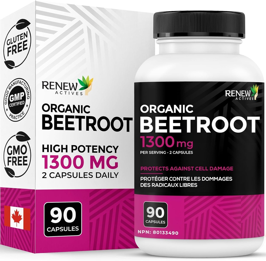 Renew Actives 유기 Beetroot 보충 1300MG 당 2 캡슐 - 순환, 자연 에너지, & 산화 방지제 이점을 위한 순수한 Beetroot 분말 - 캐나다에서 만드는 높 순수성 Superfood - 90의 캡슐