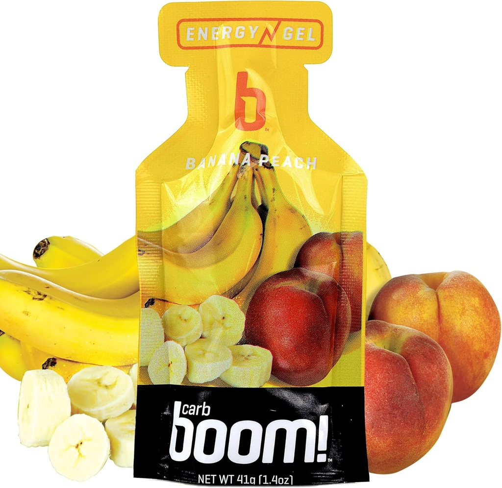 Boom Nutrition Energy Gel - Fruit-Flavored Energy Gel - 운동 젤 - 사이클링을위한 에너지 젤 - 러닝 젤 - 자연 에너지 젤 - 바나나 복숭아 (24 팩)