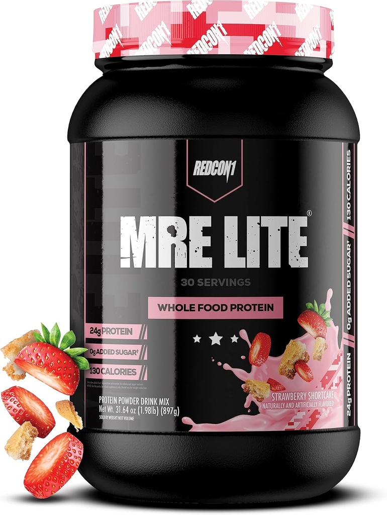 REDCON1 MRE Lite Whole Food Protein Powder, Strawberry Shortcake - 동물 단백질 혼합과 낮은 Carb & Whey 무료 식사 교체 - MCT 오일 (30 서빙)로 만든 Digest Supplement에 쉽게