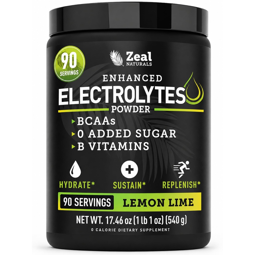 Zeal Naturals Electrolyte Powder Recovery 음료 (90 인분 | 레몬 라임) w 0 Sugar +BCAAs +B-Vitamins Electrolyte Supplement w 칼륨 아연 및 마그네슘 하이드로 션 - Keto Electrolytes