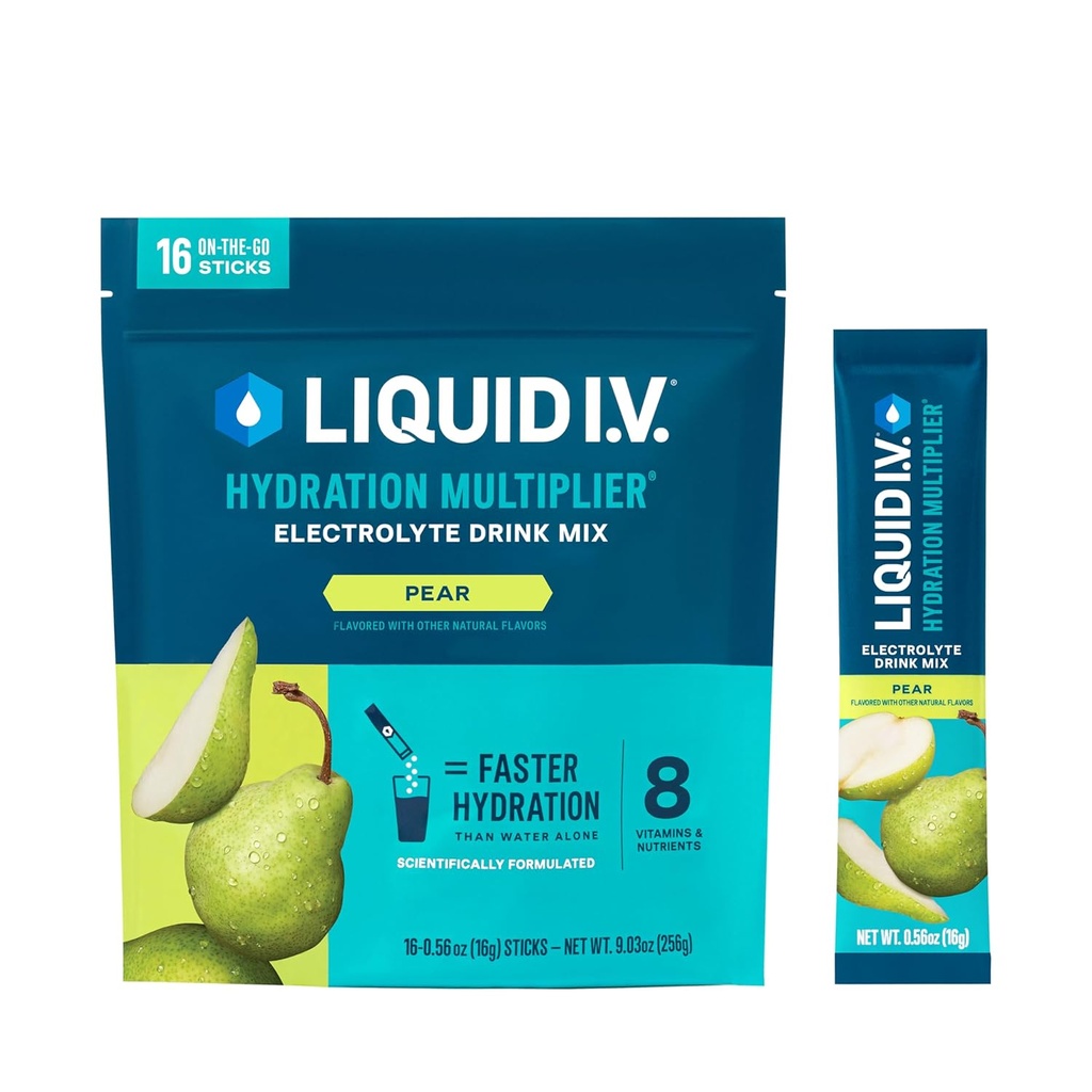 액체 I.V.® Hydration Multiplier - 배 | 전해질 분말 음료 혼합 | 1 팩 (16 인분)