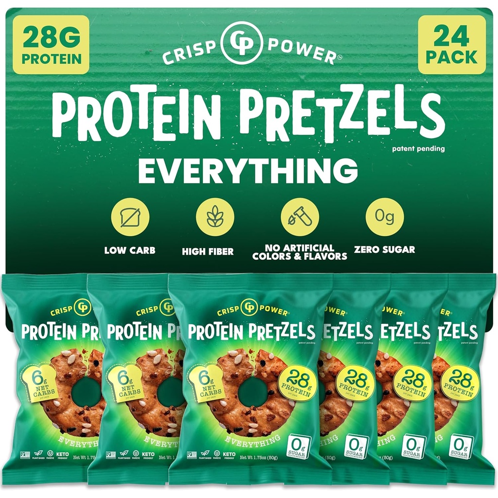 Crisp 힘 단백질 Pretzels, 모든 것, 높은 단백질 Vegan Keto 식사, 28 G 식물 기반 단백질, 낮은 Carb Crunchy Pretzel 스낵, 설탕 무료, 씨앗 오일 없음, 1.75 oz 가방, 24 팩