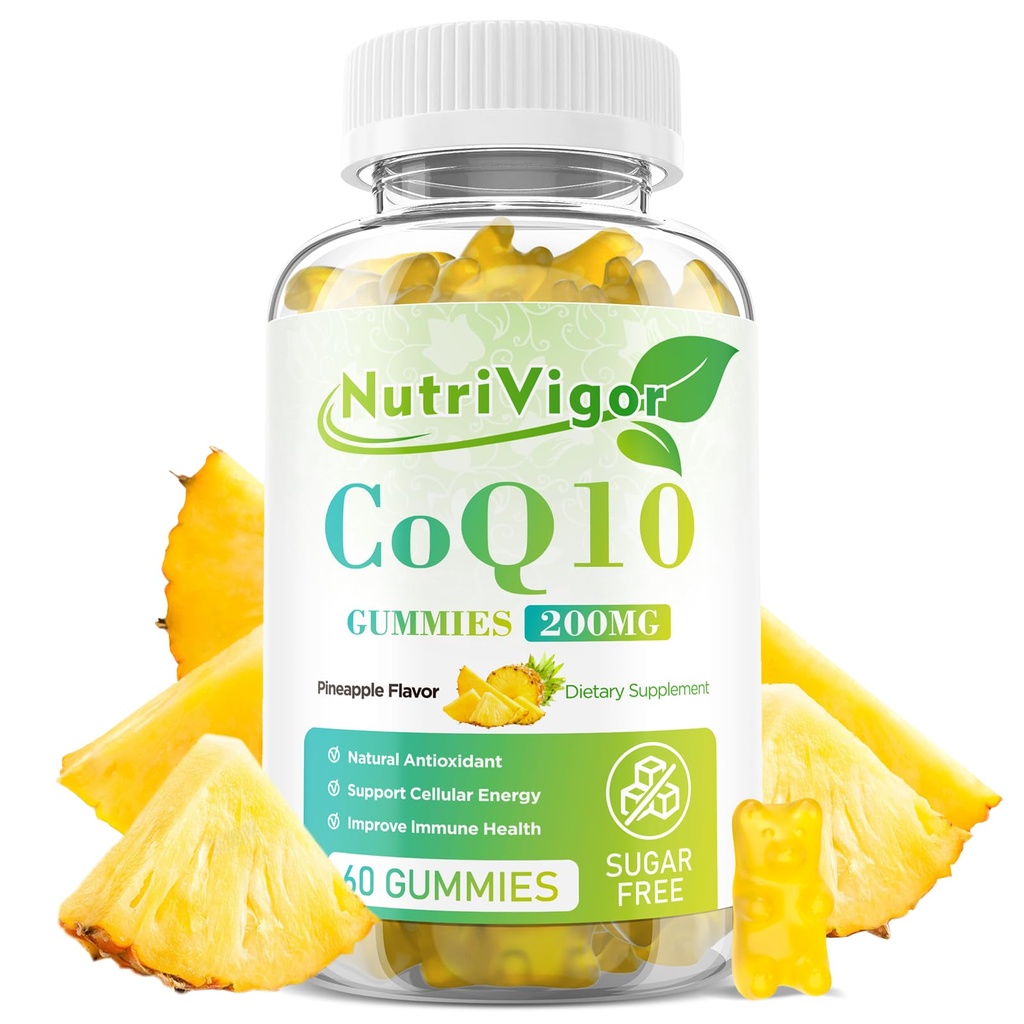 CoQ10 Gummies, Coenzyme Q10 보충교재 200 mg의 세포 에너지와 면역 건강을 위한 높은 흡수 CoQ10 보충교재, Vegan, 글루텐 자유로운, 파인애플 풍미, 60 조사