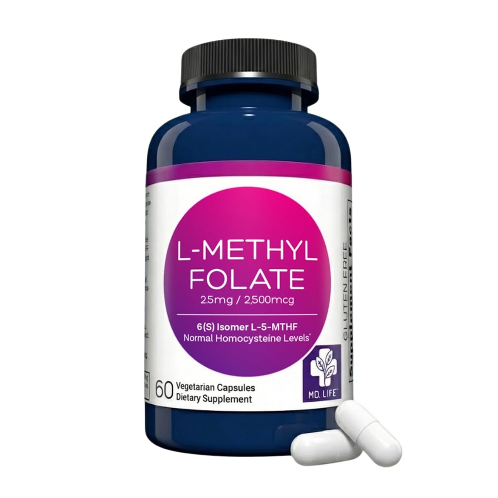 MD 생활 L-Methylfolate 2.5 mg 보충교재 - 직업적인 급료 활동적인 L Methylfolate 보충교재 - 60의 캡슐 - L-Methylfolate 2.5mg - 최대 힘 MTHFR W/ Essential 아미노산