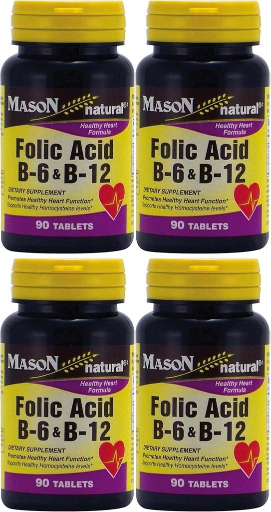 Mason 비타민 Folic 산 B-6 & B12 심장 건강 공식 4개의 총 360 정제의 병 팩 당 90의 정제