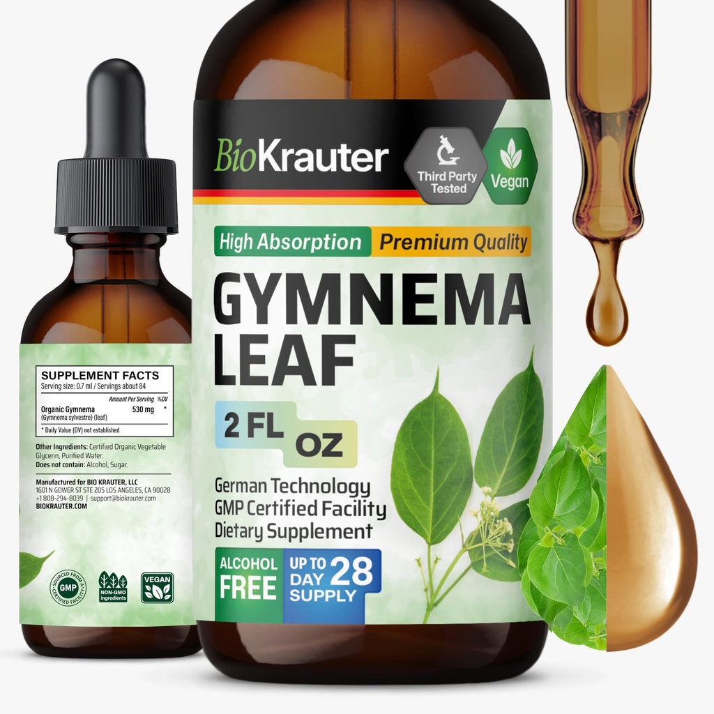 BIO KRAUTER Gymnema Sylvestre 추출물 드롭 - 알코올 및 설탕 무료 - Vegan Gymnema 잎 추출물 2 Fl.Oz.