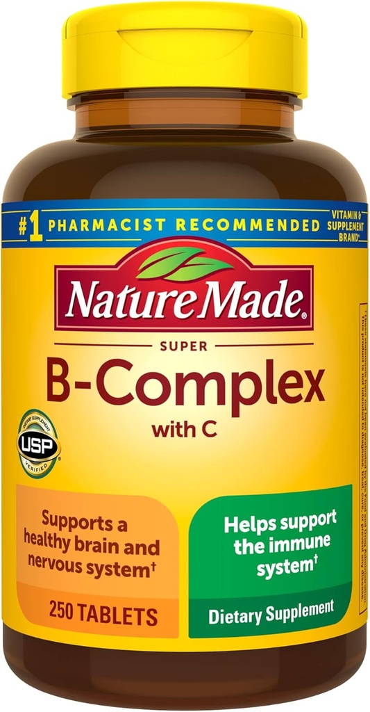 Nature Made Super B Complex with Vitamin C and Folic Acid, 면역 지원을위한 다이어트 보충, 250 정제, 250 일 공급