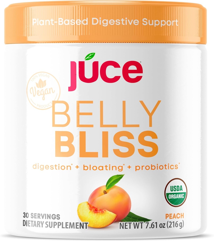 Júce Belly Bliss, Peachy Greens, 30 인분, Probiotics + Greens, 식물 기반 소화 효소, 식이 보충 분말과 Bloating 지원 - Terra Kai Organics