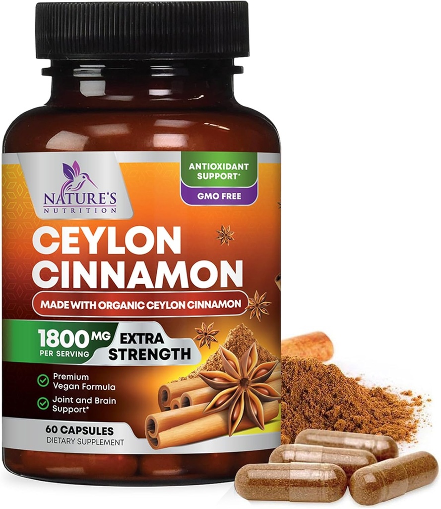 유기 Ceylon Cinnamon 보충교재 1800mg - 증명된 유기 Ceylon Cinnamon 분말 알약 - 미국, 산화 방지제, 글루텐, 비 GMO - 60의 캡슐에 넣는 여자 & 남자를 위한 에너지 & 심장 지원