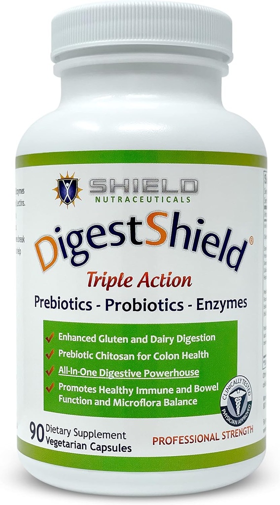 DigestShield® Probiotic & Prebiotic Supplement + Digestive Enzymes, Bloat, Safely Digest Dairy, 글루텐 및 가공 식품, Chitosan, 90-Meal 공급과 지방 흡수 감소