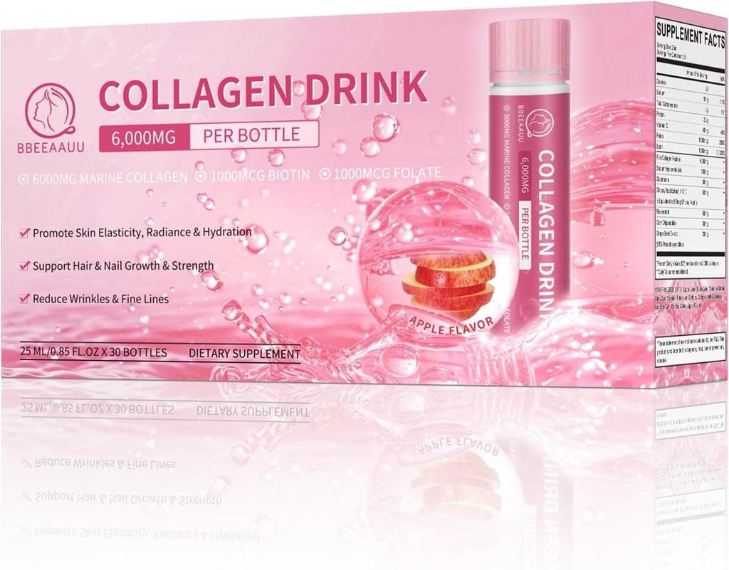 교원질 음료 6000mg 바다 교원질 펩티드, Hyaluronic 산, 비타민 C를 가진 여자를 위한 액체 교원질 탄, 교원질 보충교재 지원 피부, 머리 & 못, 0.85 Fl.Oz x30 병, Apple 풍미
