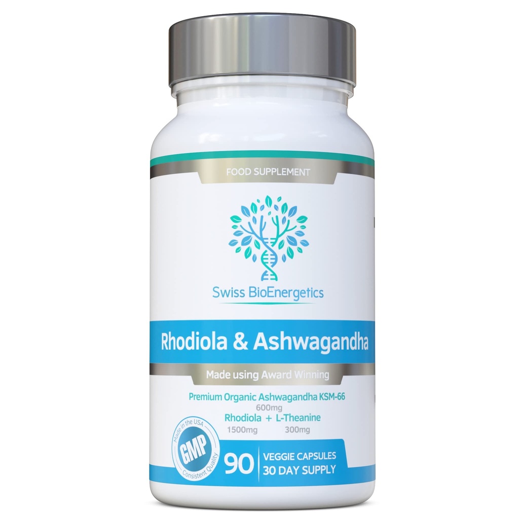 L-Theanine을 가진 Rhodiola & Ashwagandha - 수여 Ashwagandha KSM-66 600mg & 1500mg Rhodiola (3% Rosavins - 1% Salidrosides) 전체적인 뿌리 동등물 접합기 콤보 - 인공 필러 없음