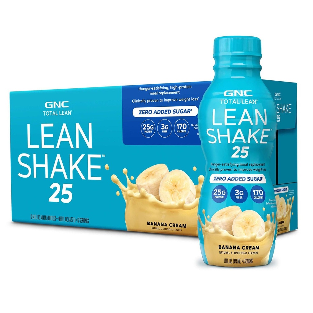 GNC Lean Shake 25 Protein Shake, Clinically Proven Weight Management, 식사 교체, 25g Protein with Zero 추가 설탕, 음료, 바나나 크림, 12 팩