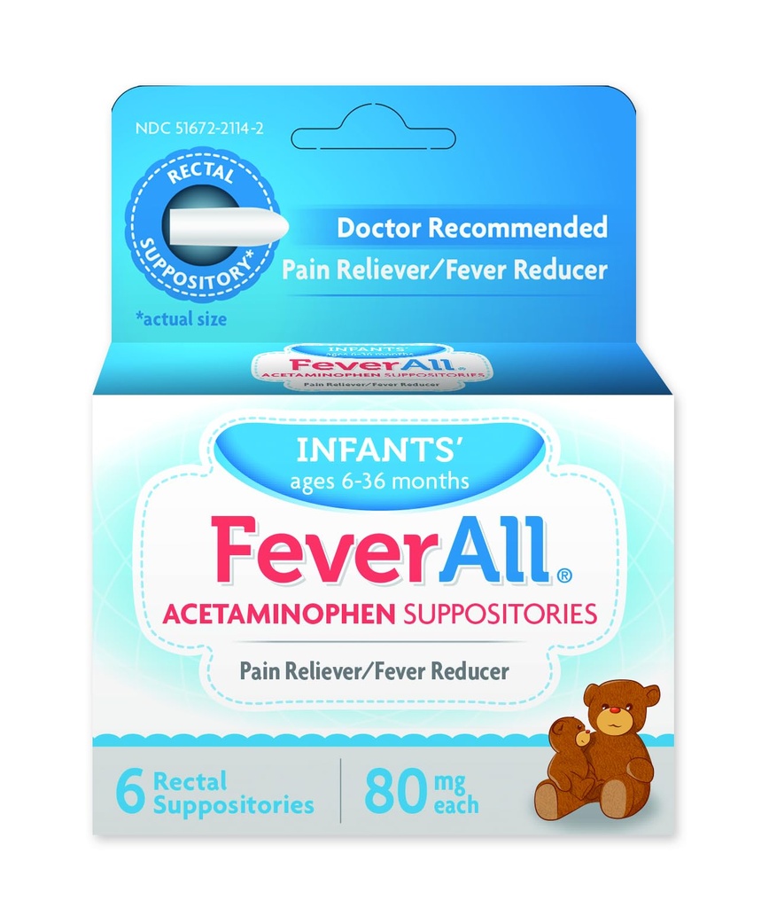 Feverall 유아 Acetaminophen 좌약 6 Rectal 좌약 80mg 각 고통 Reliever/Fever 흡진기. Paraben는, 인공적인 색깔 없음 또는 다른 보존합니다. 연령 6-36 개월