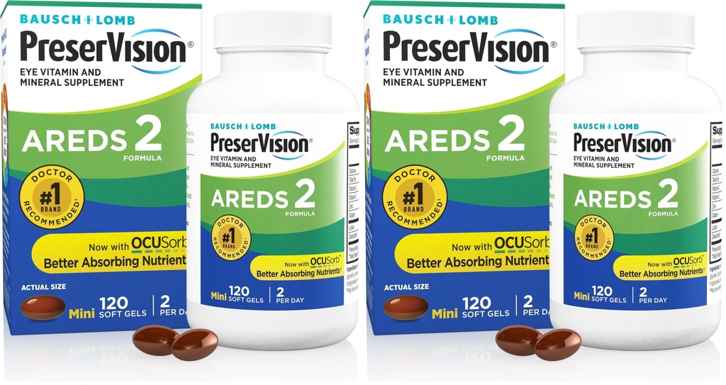 PreserVision는 2개의 눈 비타민 & 무기물 보충교재, 포함합니다 Lutein, 비타민 C, Zeaxanthin, 아연 & 비타민 E, 120 Softgels (포장 May Vary) (포장 2)를 포함합니다