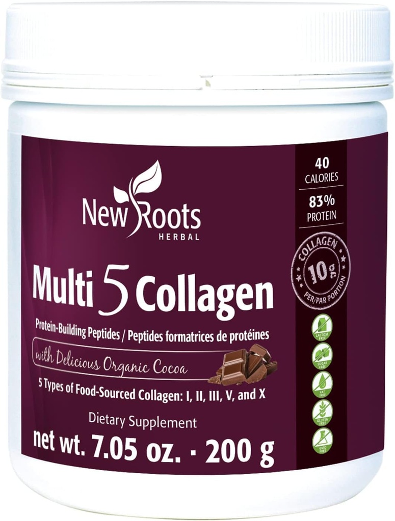 NEW ROOTS HERBAL 멀티 5 코코 콜라겐 분말 보충 (유형 I, II, III, V 및 X) 가수 분해 콜라겐 - 데이리 & 글루텐 무료 - 서빙 당 12g - 초콜릿 맛, 7.05 온스