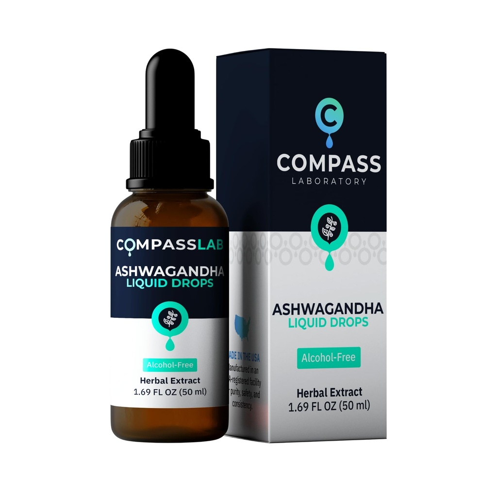 COMPASS LABORATORY Ashwagandha Liquid Drops - 무드 지원 및 웰빙 보충 - 자연 Cortisol 관리자 및 면역 부스터 - 2 fl oz