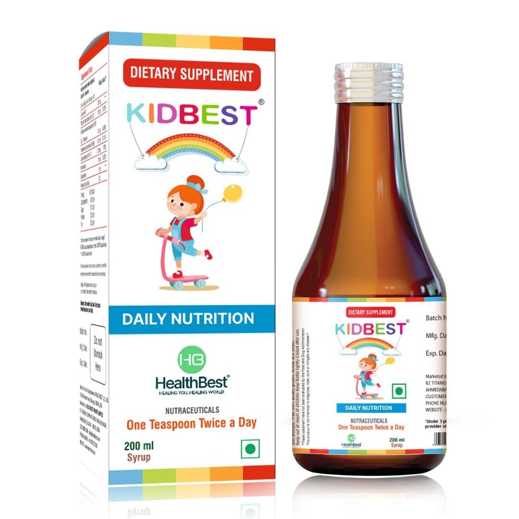 HealthBest Kidbest Appetite Booster for Kids 3-13 Yrs with L-Lysine & B 비타민 Syrup, 건강한 체중 증가, 파인애플 맛, Hunger, Appetite 자극제 증가, 200ml