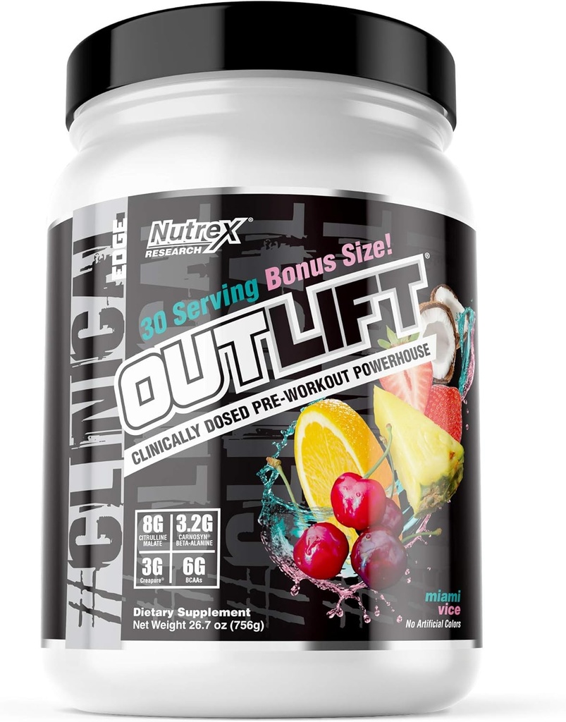 Nutrex Outlift Creatine, Citrulline, BCAA, Beta Alanine, Caffeine로 임상적으로 투약된 전 운동 분말 | 에너지, 힘, 펌프 Preworkout 보충교재 | 마이애미 부 30 봉사