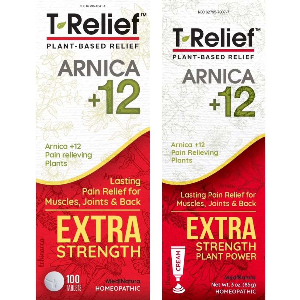 MediNatura T-Relief Extra Strength Pain Relief Arnica +12 Plant-Based Pain Relievers 100ct Tablets T-Relief Extra Strength Pain Relief 3oz Cream 번들