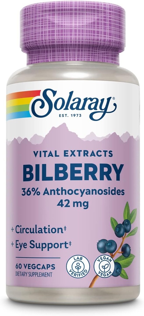 SOLARAY Bilberry Berry 추출물 42 mg의 눈 건강 & 순환 지원, 36% Anthocyanosides와 더불어, 채식주의자, 60 VegCaps