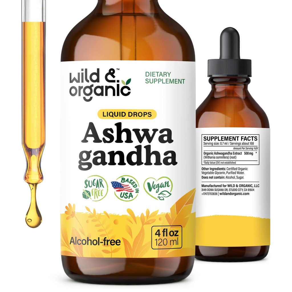 Wild & Organic Ashwagandha Drops - Mood Support Supplement w/Ashwagandha Root Extract - Calm Mind 용 액체 드롭 - Relaxation Supplements - Sugar & Alcohol-Free - 4 fl oz