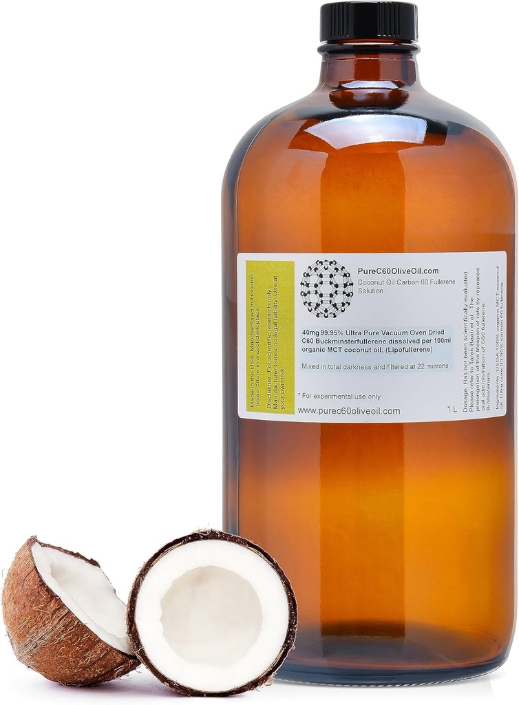 PureC60OliveOil C60 유기 MCT 코코넛 오일 1L/33.8 Fl Oz - 99.95% 탄소 60 용제 무료 400mg - 호박색 유리 병 - 탄소 60 코코넛 오일 - 리드 글로벌 프로듀서에서