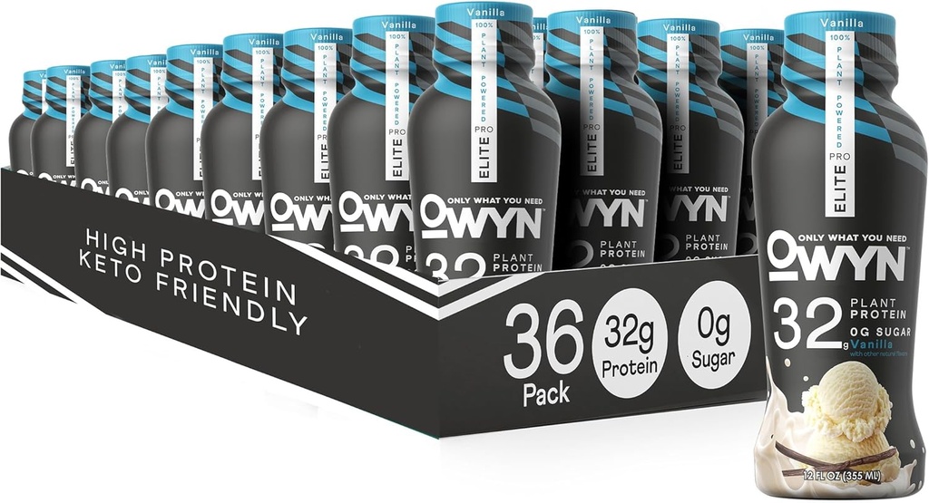 OWYN 당신이 직업 엘리트 Vegan 높은 단백질 Keto Shake, 32g 단백질, 9 아미노산, Omega-3, Prebiotics, 운동 및 회복, 0g 순수한 Carbs, 영 설탕 (Vanilla, 12 Fl Oz (36의 포장)를 필요로 하는 경우에만