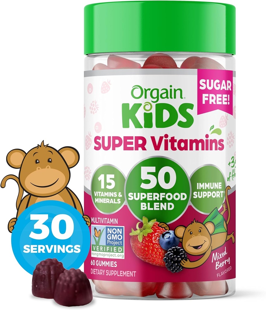 Orgain Kids Sugar Free Multivitamin Gummies, Vegan & Plant based, 50 Superfoods, 15 Vitamins and Minerals, Immune Support and 3g of Fiber, 혼합 Berry, Ages 4+, 1 개월 공급 (60 Gummies)