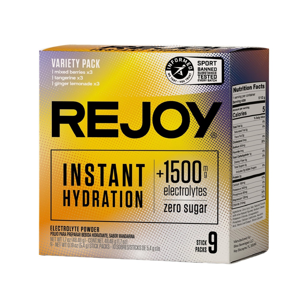 Rejoy – Electrolyte Powder Packets, 9 스틱 – Hydration Drink Mix Supplement – Sugar Free, Keto 및 Paleo Friendly, Vegan, Non-GMO, Easy Open Single-Serving Stick (Variety Pack)