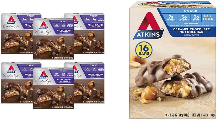 Atkins Pecan Caramel 클러스터 60 개, 카라멜 초콜릿 너트 롤 스낵 바 16 개