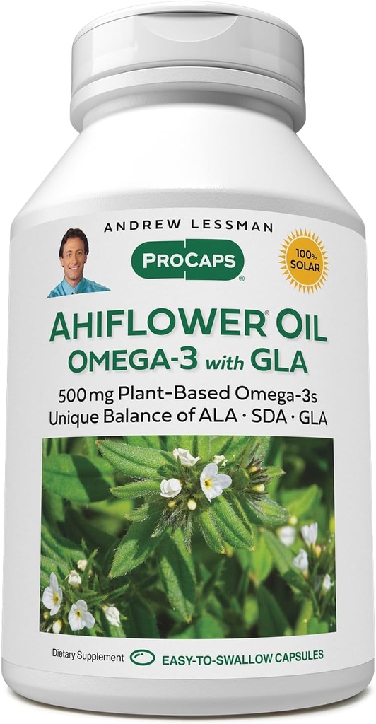 ANDREW LESSMAN Ahiflower Omega-3 with GLA - 60 Softgels - 고유하게 균형 잡힌, Essential Omega-3 지방산의 식물 기반 소스. Stomach Upset, Contaminants 또는 수성 없음. 쉽게 삼키기