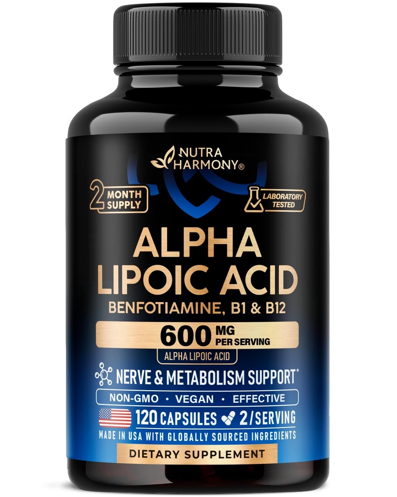 알파 Lipoic 산 600mg - Nerve, 에너지 및 대사 지원을 위한 ALA 보충교재 산화 방지제 - Benfotiamine, B1 & B12를 가진 여분 힘 - 실험실은, 비 GMO & Vegan - 120의 캡슐, 2 달 공급을 시험했습니다