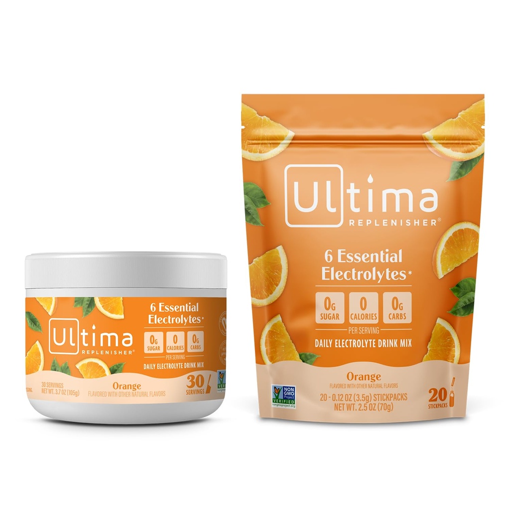 Ultima Replenisher Electrolyte Powder Drink Mix 번들 - 설탕 무료 - 오렌지, 30 서빙 용기 및 20 Stickpacks - 6 Electrolytes 및 Minerals - Keto Friendly, Vegan, Non-GMO