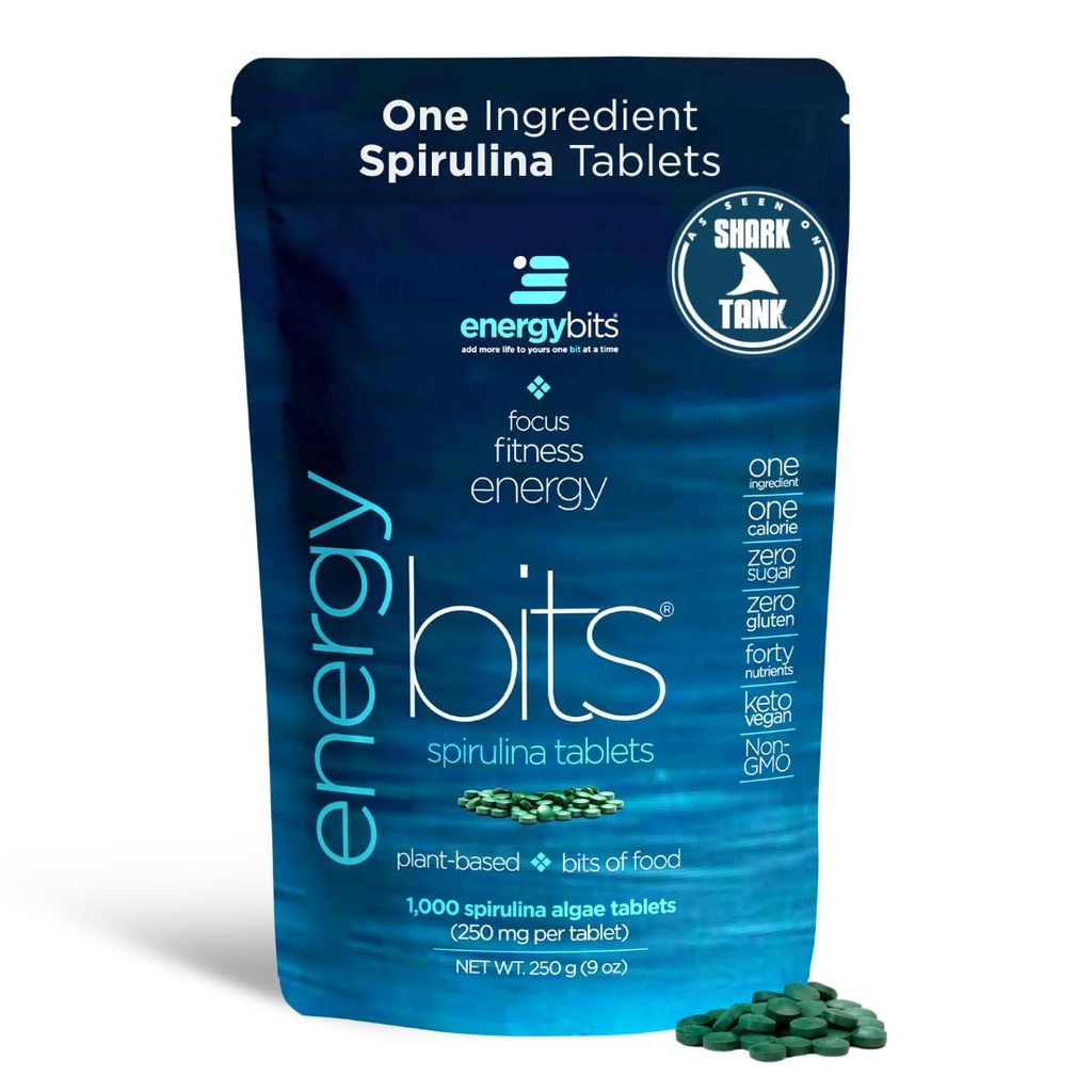 ENERGYBITS - 유기 Spirulina 정제 - 공장 기반 조류 Superfood - 초점, 피트니스, 에너지 - 식물 단백질 - 글루텐 무료 - 교원질, 비타민 B12, 오메가 3 - Keto & Vegan - 1000 조류 정제