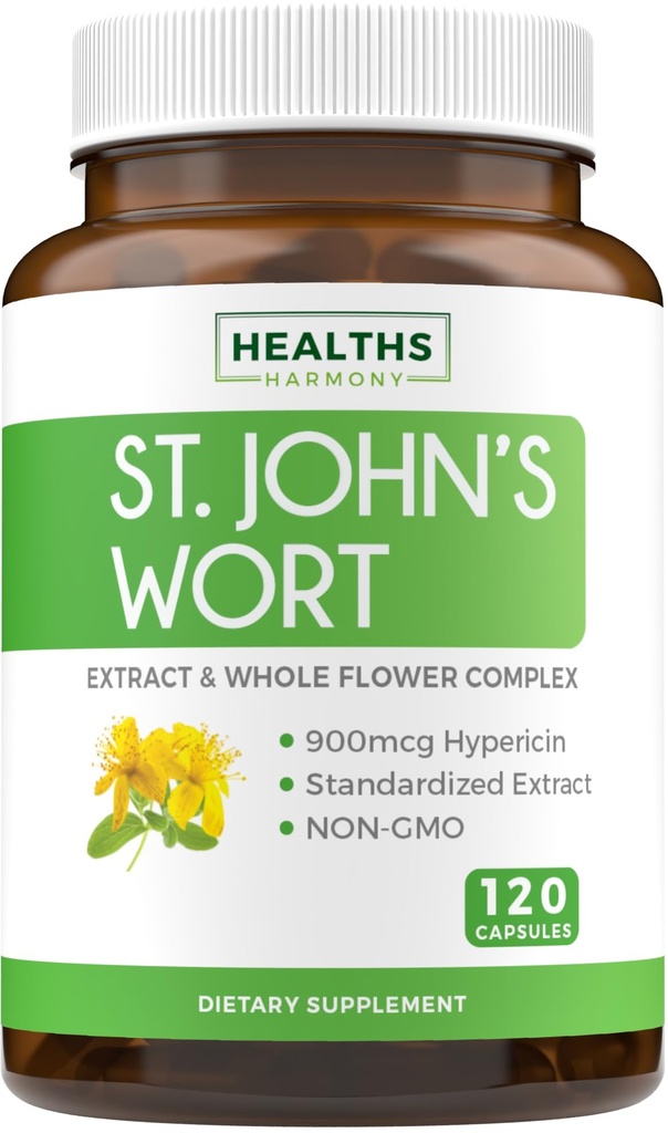 St John 's Wort 캡슐 - 강력하고 유력한 Saint John 's Wort Extract & Whole Herb Complex 매일 무드 지원을위한 900mcg Hypericin에 표준화 된 - Vegan Non-GMO & Lab Verified (120 모자)