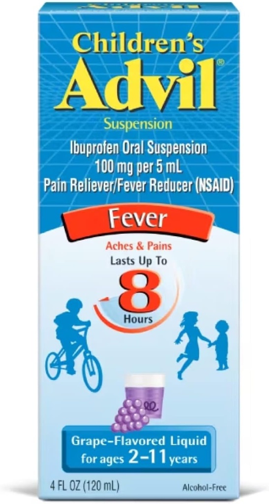 아이들의 Advil 중단 Ibuprofen 100mg 빠른 고통 Reliever와 Fever 흡진기 나이를 위한 8 시간 포도 풍미 액체까지 2 11 년 - 4개의 FL Oz 병의 3 팩