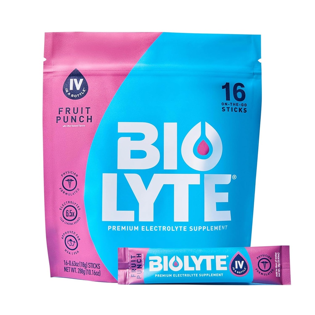 BIOLYTE IV Electrolyte 분말 패킷, 물, 의사 개발 된 히스, HSA 및 FSA 승인 탈수 완화, 치모 요법 여성, 남성 과일 펀치 (16 스틱)에 대 한 필요