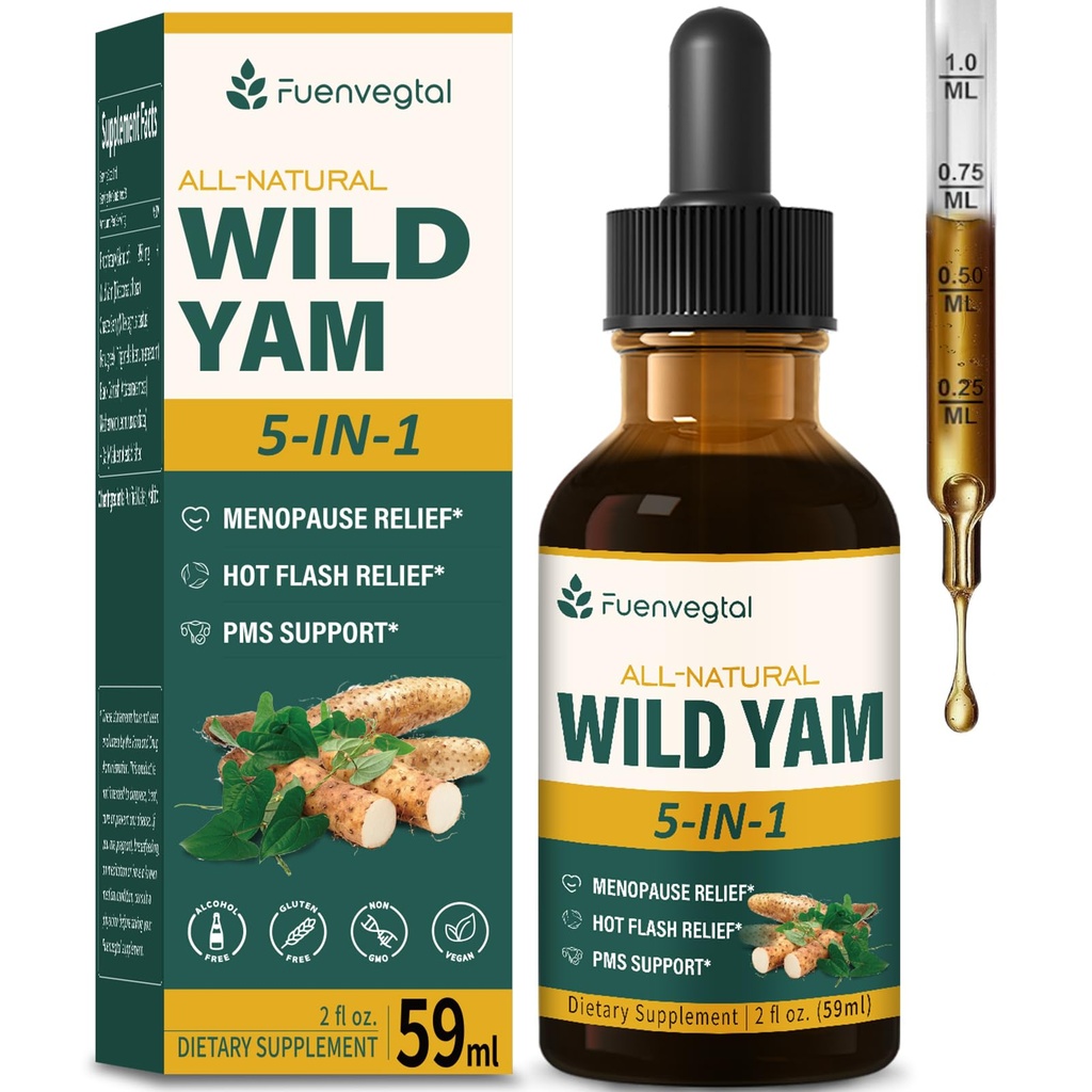 Wild Yam Root Extract Drops, Menopause Relief & PMS 지원을위한 Fenugreek & Motherwort Herb와 여성 보충. Fenogreco y Ñame Salvaje 파라 라 Menopausia. 2oz